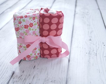 Set of 2 Burp Cloths:  Pop Sugar Flowers and Red/Pink Polka Dots