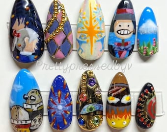 Howl's Moving Castle Presse sur les ongles | Décoration d'ongles anime peinte à la main