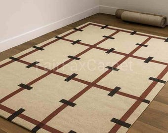 Geometric Grid Wool Rug - Minimalist Beige & Brown, Handmade