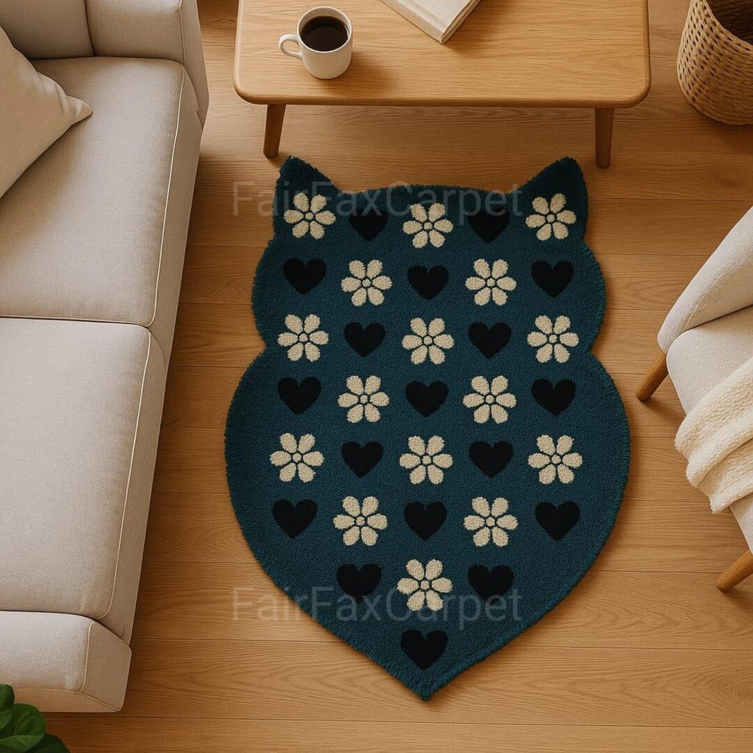 Cat Shaped Rug, Floral Heart Pattern Area Rug, Cute Modern Accent Rug ...