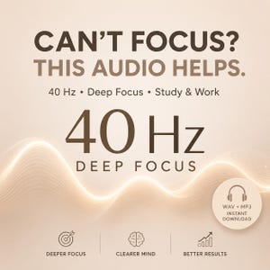 Pode incluir: Um gráfico digital com fundo bege contendo o texto CAN'T FOCUS? THIS AUDIO HELPS. 40 Hz • Deep Focus • Study & Work. O texto grande diz 40 Hz DEEP FOCUS. Os ícones incluem um alvo, um cérebro e um gráfico de crescimento com legendas.