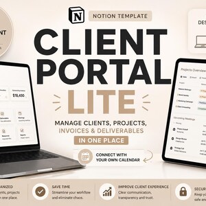 Puede incluir: Una plantilla de Notion titulada Client Portal Lite mostrada en una computadora portátil, tableta y teléfono inteligente. La interfaz muestra paneles de control, listas de proyectos y horarios. El texto incluye Manage Clients, Projects, Invoices & Deliverables.