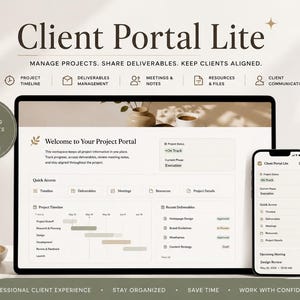 Puede incluir: Una plantilla digital Client Portal Lite para Notion mostrada en la pantalla de una computadora portátil y un teléfono inteligente. La interfaz incluye secciones para cronogramas de proyectos, entregables, reuniones y recursos, con el texto Welcome to Your Project Portal.