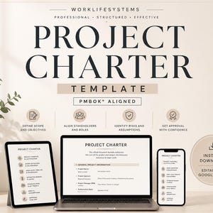 Puede incluir: Una plantilla digital de acta de constitución de proyecto en una laptop, tableta y teléfono inteligente. La pantalla muestra texto como PROJECT CHARTER, WORKLIFESYSTEMS y PMBOK ALIGNED. Iconos representan alcance, roles y riesgos.