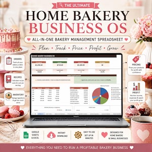 Puede incluir: Una hoja de cálculo digital para la gestión de un negocio de panadería casera mostrada en una pantalla de portátil. La interfaz muestra datos financieros, gráficos y tablas para realizar el seguimiento de pedidos, recetas y beneficios.