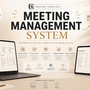 Puede incluir: Una plantilla digital de Notion para un sistema de gestión de reuniones en una laptop, tablet y smartphone. La interfaz muestra secciones para actas, seguimiento de acciones y paneles de control con texto en color negro y dorado.