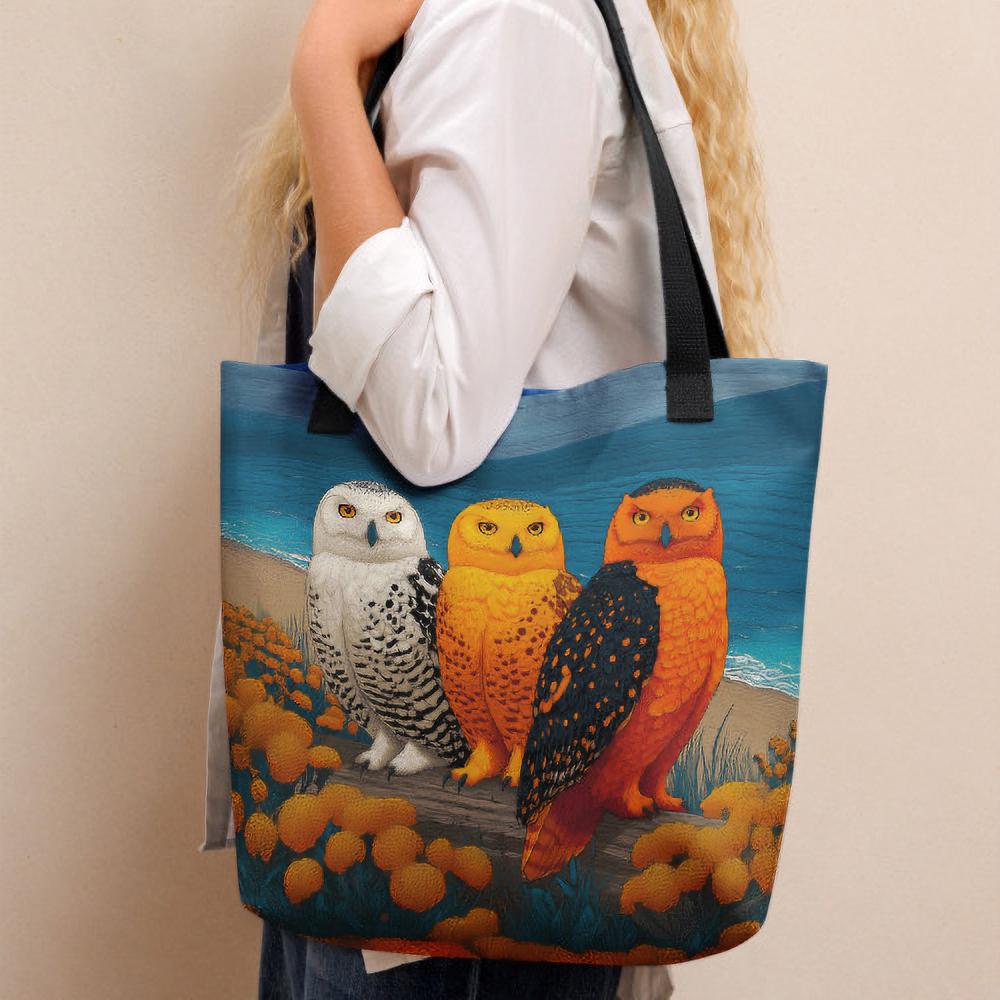 Coastal Owls Beach Tote Bag, Surreal Ocean Wildlife Art, Summer Day Bag.