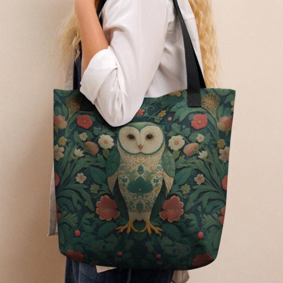 Forest Owl Botanical Tote Bag, Tapestry Style, Embroidered Look Nature Carrier.