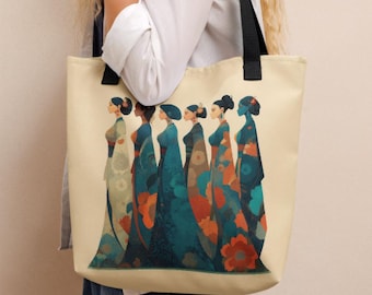 Tote Bag with Japanese Women Print, Polyester Everyday Carryall.
