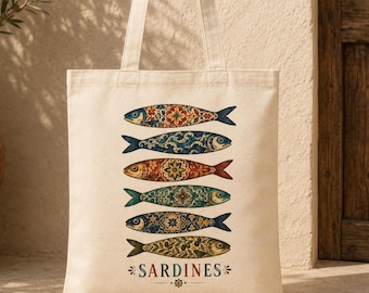 Sardine Tote Bag, Patterned Sardines Tote Bag, Coastal Canvas Bag, Nautical Tote Bag, Fish Illustration Tote, Ocean Lover Gift