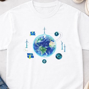 アースデーギフト テックアースグローバルシャツ、デジタルプラネットTシャツ、未来の地球儀デザイン、エコグラフィックTシャツ、宇宙とテクノロジーにインスパイアされたスタイル