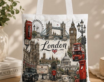 London Tote Bag, London Collage Tote Bag, London Landmarks Tote, England Travel Bag, London Souvenir Tote, UK Gift Bag
