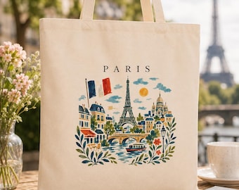 Paris Tote Bag, Eiffel Tower Tote Bag, Paris Skyline Bag, France Travel Tote, Paris Souvenir Gift, French Landmark Tote Bag