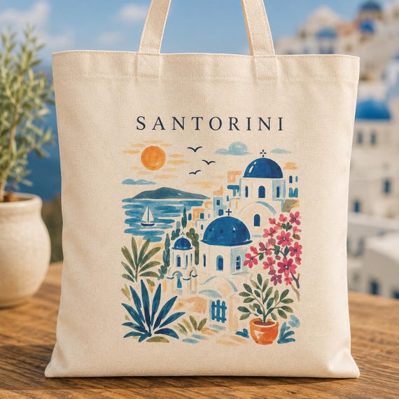 Santorini Tote Bag, Santorini Blue Dome Tote, Greece Travel Tote Bag, Greek Island Tote, Santorini Souvenir Gift, Mediterranean Tote Bag