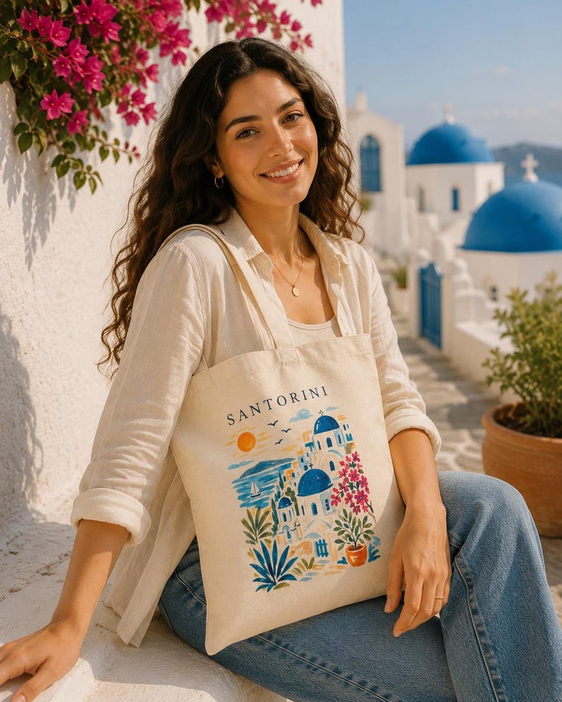 Travel tote bag Santorini scenery artwork