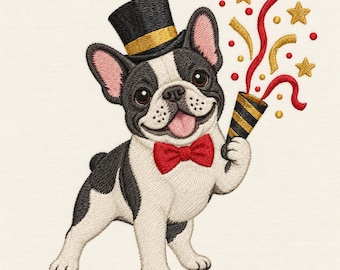 May include: An embroidered French Bulldog wearing a black top hat with a gold band and a red bow tie. The dog holds a black and gold party popper that releases red streamers, gold stars, and small red and gold circles against a cream background.