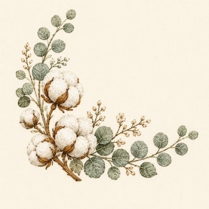 May include: An embroidery design on cream fabric featuring three fluffy white cotton bolls with brown husks, surrounded by delicate green eucalyptus leaves and small beige buds arranged in a curved, decorative botanical branch pattern.