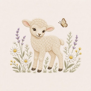 Può includere: Un ricamo raffigurante un agnello color crema in piedi tra margherite bianche, rametti di lavanda viola e piccoli fiori di campo gialli. Una piccola farfalla marrone e crema è posizionata nell'angolo in alto a destra della composizione.