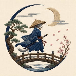 May include: An embroidery design featuring a cat dressed in a blue kimono and conical hat, walking across a wooden bridge. The scene includes a crescent moon, a pine tree, and cherry blossoms, all framed within a circular dark blue border.