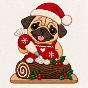 May include: An embroidered design of a tan pug wearing a red Santa hat and apron, holding a white piping bag to decorate a brown chocolate yule log cake. The cake is garnished with white cream swirls, green holly leaves, and red berries.