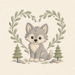Puede incluir: Un diseño de bordado que presenta un cachorro de lobo gris sentado en el centro. El lobo está enmarcado por dos ramas curvas con hojas verdes que forman un corazón. Dos pequeños pinos verdes y piedras grises se sitúan en la base.