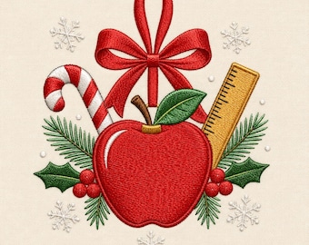 May include: An embroidery design featuring a bright red apple with a green leaf, centered below a red ribbon bow. The apple is flanked by a red and white candy cane, a yellow ruler, green pine needles, and holly berries, with white snowflakes.