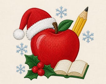 May include: An embroidered design featuring a bright red apple wearing a red and white Santa hat, accompanied by a yellow pencil, an open book, green holly leaves with red berries, and several light blue snowflakes on a cream background.