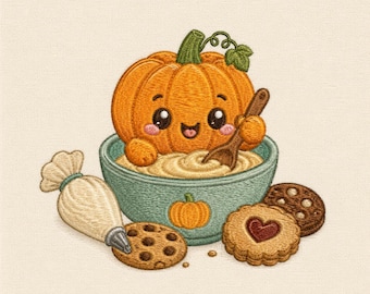 May include: An embroidered design featuring a smiling orange pumpkin character inside a light blue bowl, holding a wooden spoon. The bowl is decorated with a small pumpkin icon. Nearby are a piping bag and two cookies, one with a heart center.
