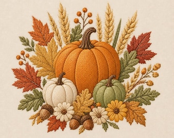 May include: An embroidery design featuring a large orange pumpkin, a smaller white pumpkin, and a sage green pumpkin surrounded by autumn foliage including red and yellow maple leaves, golden wheat stalks, brown acorns, and small white flowers.