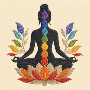 May include: An embroidery design featuring a black silhouette of a person in a seated meditation pose. A vertical column of seven colored flame-shaped icons runs up the spine. A large lotus flower sits at the base, flanked by two leafy branches.