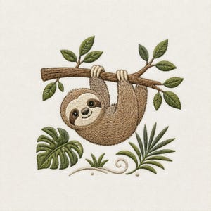 May include: An embroidery design featuring a brown sloth hanging from a horizontal tree branch with green leaves. Below the sloth are green monstera and palm leaves, along with a small swirling vine detail, all rendered in detailed thread work.