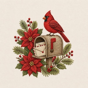 May include: An embroidery design featuring a bright red cardinal bird perched on a wooden mailbox filled with white envelopes. The mailbox is surrounded by vibrant red poinsettia flowers, green pine needles, and small red berries on a light fabric.