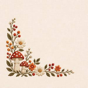 Op de afbeelding: Een borduurontwerp met twee rood-witte stippenpaddenstoelen, witte madeliefjes, oranje bloemen en kleine rode bessen aan groene stengels. Het botanische arrangement is in een hoekopstelling geplaatst op een effen, lichtgekleurde stof.