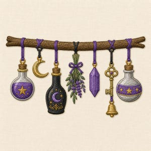 May include: An embroidered wall hanging featuring a brown wooden branch with purple cords suspending various charms: two round potion bottles with gold stars, a gold crescent moon, a black bottle with a purple moon, lavender, a purple crystal, and a gold key with a bell.