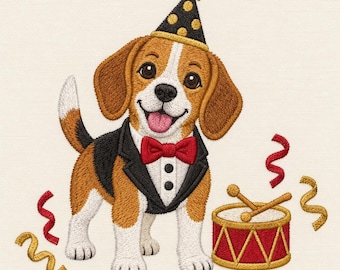 May include: An embroidered design of a beagle puppy wearing a black tuxedo jacket, a red bow tie, and a black party hat with gold polka dots. The puppy is standing next to a red drum with gold trim and two drumsticks, surrounded by red and gold streamers.