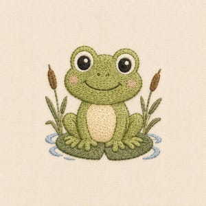 Puede incluir: Un diseño de bordado que muestra una rana verde con grandes ojos negros y vientre color crema, sentada sobre un nenúfar verde. La rana está flanqueada por dos espadañas marrones sobre tallos verdes finos, con pequeñas ondas de agua azules.