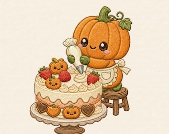 May include: An embroidery design featuring a smiling orange pumpkin character wearing a white apron, standing on a small wooden stool while piping white frosting onto a round cake decorated with red strawberries and small pumpkin faces.