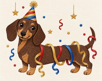 May include: An embroidered illustration of a brown dachshund wearing a blue, red, and yellow striped party hat. The dog is wrapped in gold, red, and blue ribbons, surrounded by small embroidered stars and confetti dots on a cream background.