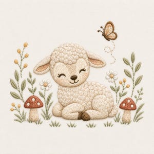 Könnte beinhalten: Ein Stickdesign mit einem cremefarbenen Lamm, das in einem Feld aus grünem Blattwerk, weißen Gänseblümchen und zwei kleinen Pilzen mit roten Kappen ruht. Ein brauner Schmetterling fliegt über dem Lamm, begleitet von einer gepunkteten Flugbahn.