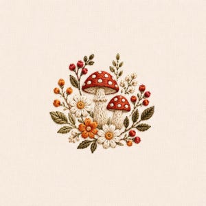 Pode incluir: Um bordado em tecido creme apresentando dois cogumelos vermelhos com pontos brancos rodeados por um grupo de flores brancas e laranjas, folhas verdes e pequenas bagas vermelhas dispostas num padrão botânico circular.