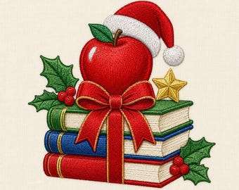 May include: An embroidered design featuring a stack of three books in green, blue, and red, tied with a large red ribbon. A bright red apple wearing a white-trimmed red Santa hat sits on top, accompanied by green holly leaves and a gold star.