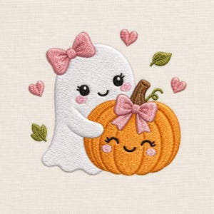 Peut inclure: Un motif de broderie représentant un fantôme blanc avec un nœud rose sur la tête, serrant une citrouille orange avec un nœud rose assorti sur la tige. La scène comprend de petits cœurs roses et des feuilles vertes dispersés autour.
