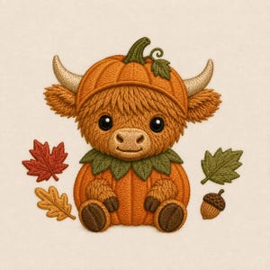 May include: An embroidered design of a fluffy highland cow wearing a pumpkin hat and sitting inside a pumpkin. The cow has large black eyes and horns. The design is surrounded by a red maple leaf, a yellow oak leaf, a green leaf, and an acorn.