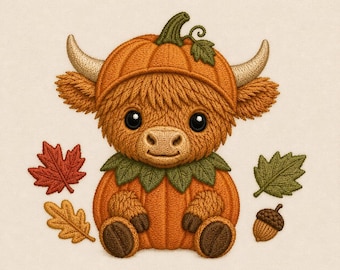 May include: An embroidered design of a fluffy highland cow wearing a pumpkin hat and sitting inside a pumpkin. The cow has large black eyes and horns. The design is surrounded by a red maple leaf, a yellow oak leaf, a green leaf, and an acorn.