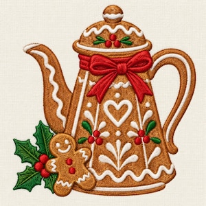 May include: An embroidered design of a brown gingerbread teapot decorated with white icing, a bright red bow, and holly leaves. A small gingerbread person figure stands at the base next to green holly leaves with red berries on a light background.