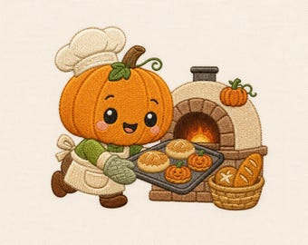 May include: An embroidered design featuring a cartoon pumpkin character wearing a white chef hat and apron, holding a baking sheet with small pumpkin-shaped breads in front of a stone oven, with a basket of bread loaves sitting beside the oven.