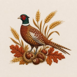 May include: An intricate embroidery design featuring a male ring-necked pheasant with a vibrant red face, iridescent green neck, and brown patterned feathers, surrounded by golden wheat stalks, orange oak leaves, and three spiky chestnut husks.