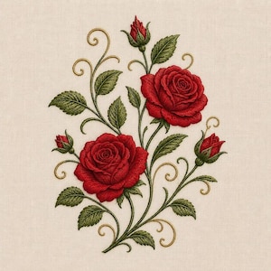 May include: An embroidery design on a light beige fabric featuring two fully bloomed red roses, two rosebuds, and detailed green leaves. The floral arrangement is accented with thin, golden-brown swirling vine patterns that extend outward.