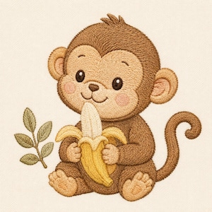 Pode incluir: Um design de bordado apresentando um macaco castanho com rosto, orelhas e barriga em tom castanho claro, segurando uma banana amarela descascada. O macaco tem olhos castanhos escuros e bochechas rosadas. À esquerda, um pequeno ramo verde com cinco folhas.