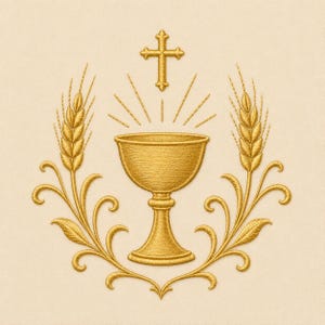 May include: A gold-colored embroidery design featuring a central chalice flanked by two stalks of wheat. Above the chalice is a cross with radiating lines. The entire composition is framed by symmetrical, swirling golden leaf motifs.